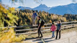 De Rodenecker-Lüsner Alm De afbeelding toont een gezin dat wandelt op een pad in de bergen. Een kind balanceert op een houten hek terwijl de vader zijn hand vasthoudt, en op de achtergrond zijn kleurrijke herfstbomen en bergen te zien.