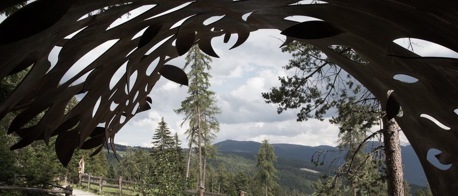 Find your accommodation in South Tyrol The picture shows a view through a metallic sculpture with organic shapes. In the background, there are trees, a path with a wooden fence, and wooded hills under a cloudy sky.