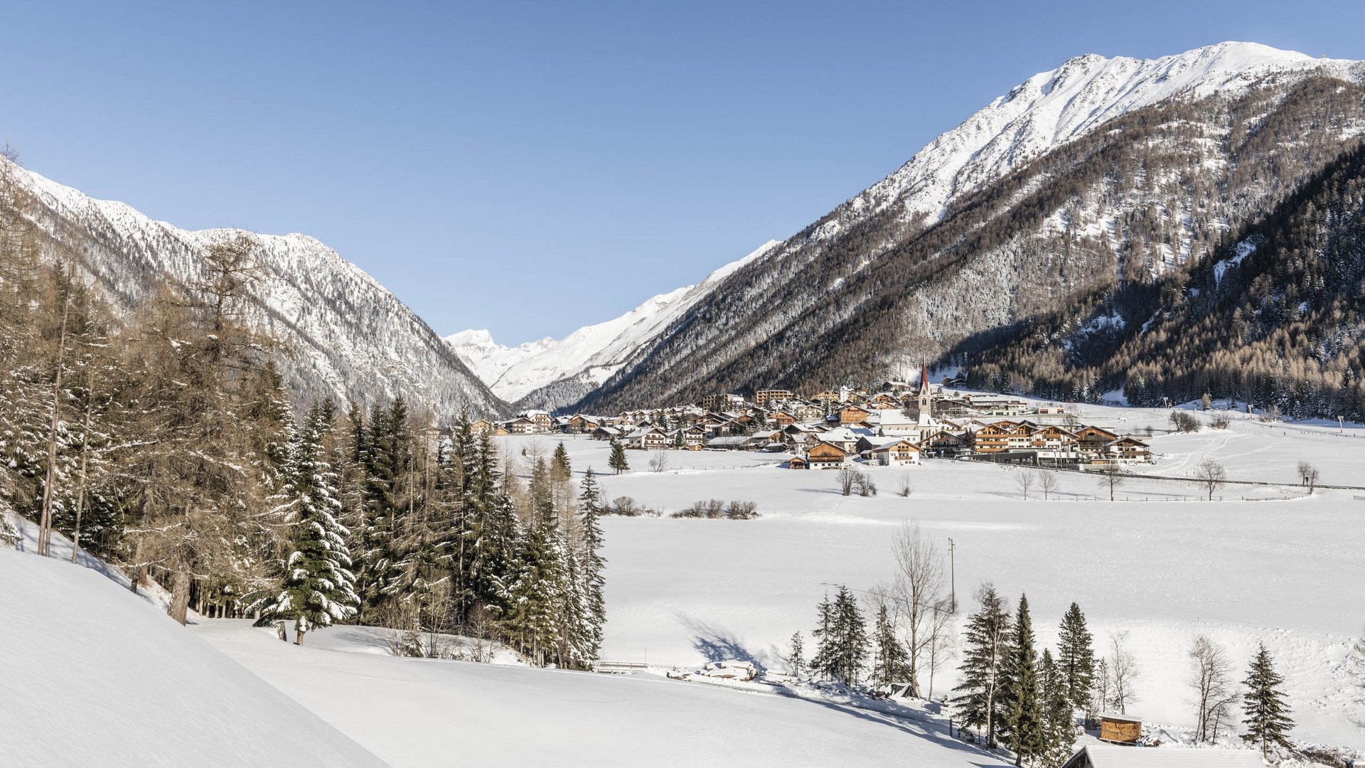 Vals: das Almendorf Das Bild zeigt eine winterliche Landschaft mit einem Dorf in einem Tal, umgeben von schneebedeckten Bergen. Im Vordergrund sind schneebedeckte Bäume und Hügel zu sehen, während der Himmel klar und blau ist.