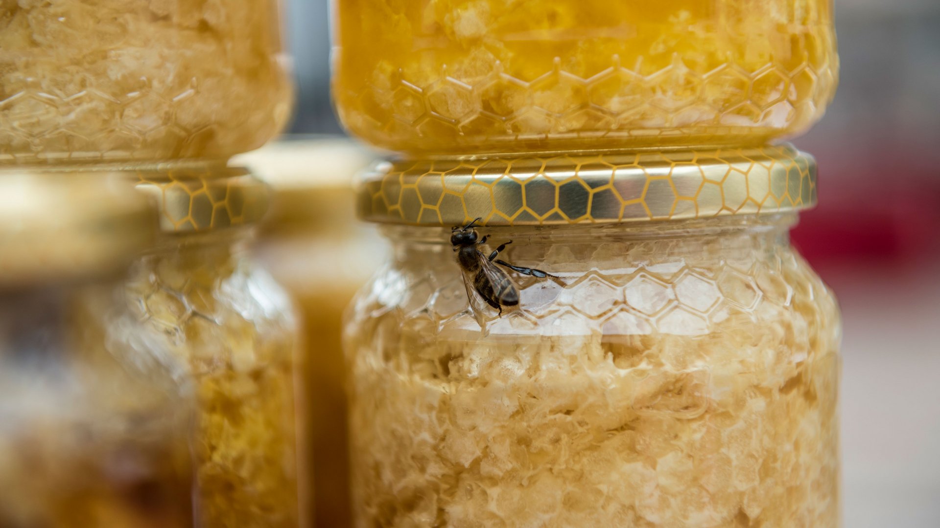 Nakupování v Mühlbachu/Itálie Obrázek zobrazuje sklenici s plástvemi medu, na jejímž víčku sedí včela. Sklenice má zlatou etiketu se vzorem pláství a v pozadí jsou vidět další sklenice medu.