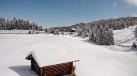 De Rodenecker-Lüsner Alm De afbeelding toont een met sneeuw bedekt winterlandschap met een kleine houten schuur op de voorgrond. Op de achtergrond zijn meer met sneeuw bedekte hutten en een rij bomen te zien, bedekt met sneeuw. De lucht is helder en blauw, wat de vredige en rustige sfeer van het besneeuwde landschap benadrukt.