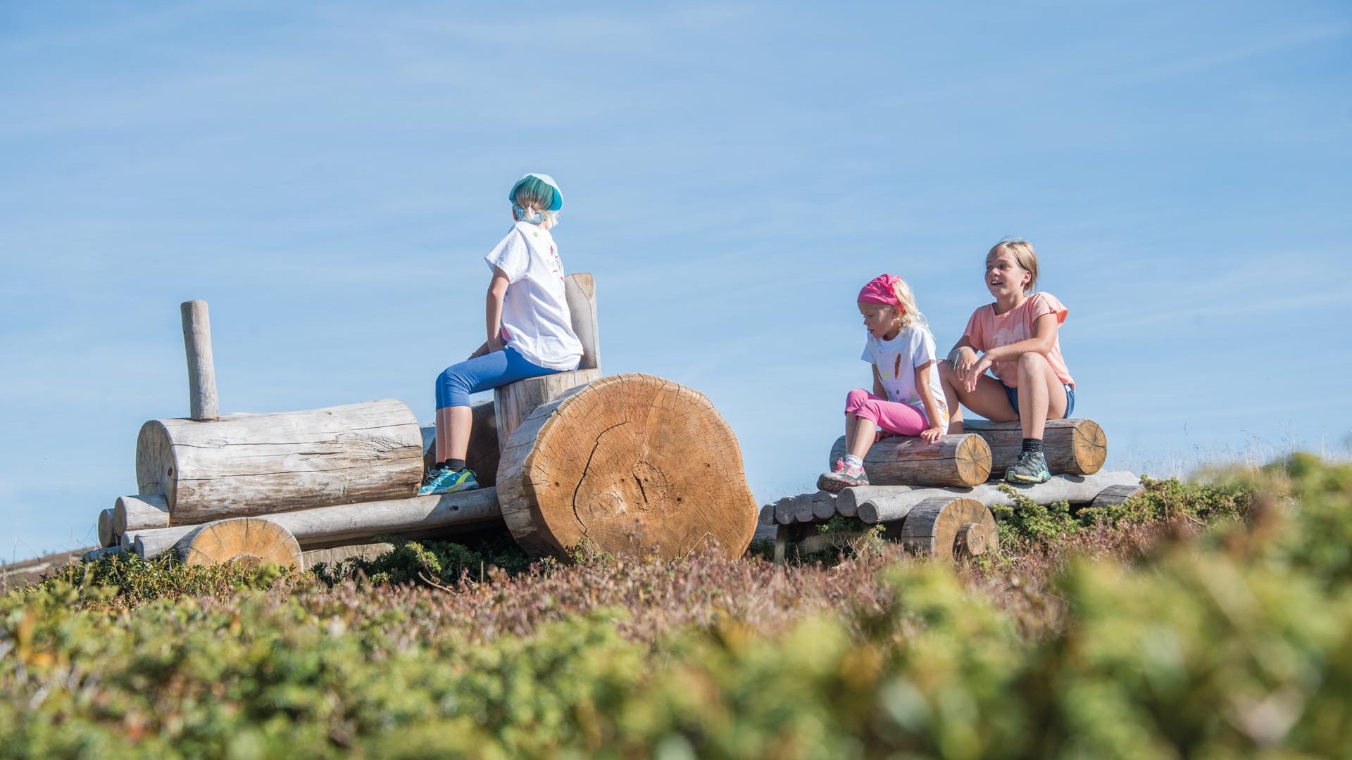Der Erlebnispark Jochtal Spielende Kinder auf einem Holztraktor im Jochtal