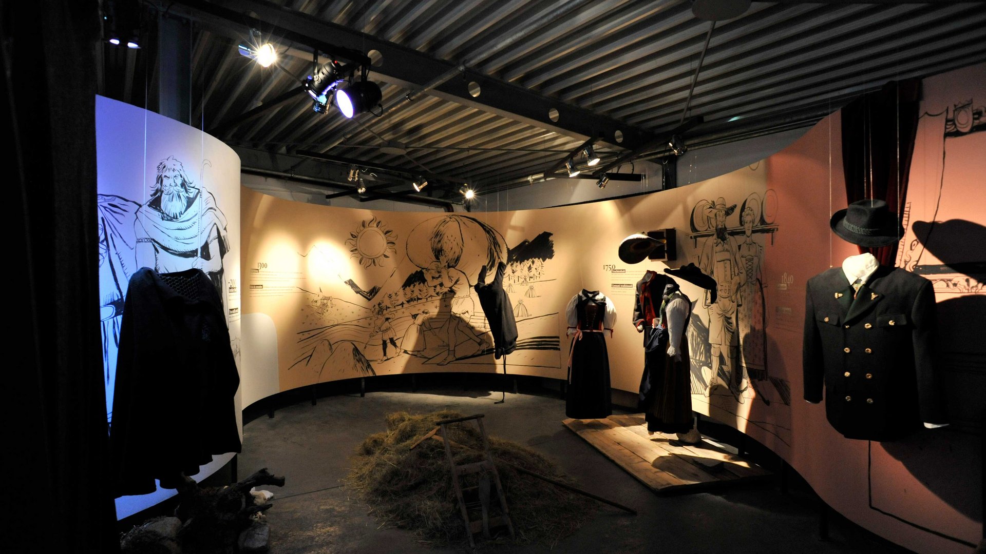 Zážitkový svět lodenu ve Vintlu/Pustertal Obrázek ukazuje výstavu historického oblečení vystaveného na výkladních figurínách. V pozadí jsou k vidění velké ilustrované nástěnné malby s historickými scénami a texty vysvětlujícími kontext vystaveného oblečení.