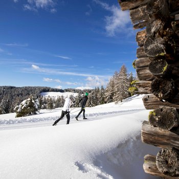 Willkommen in der Ferienregion Gitschberg Jochtal! Zwei Skilangläufer auf verschneiter Loipe neben einer Holzhütte