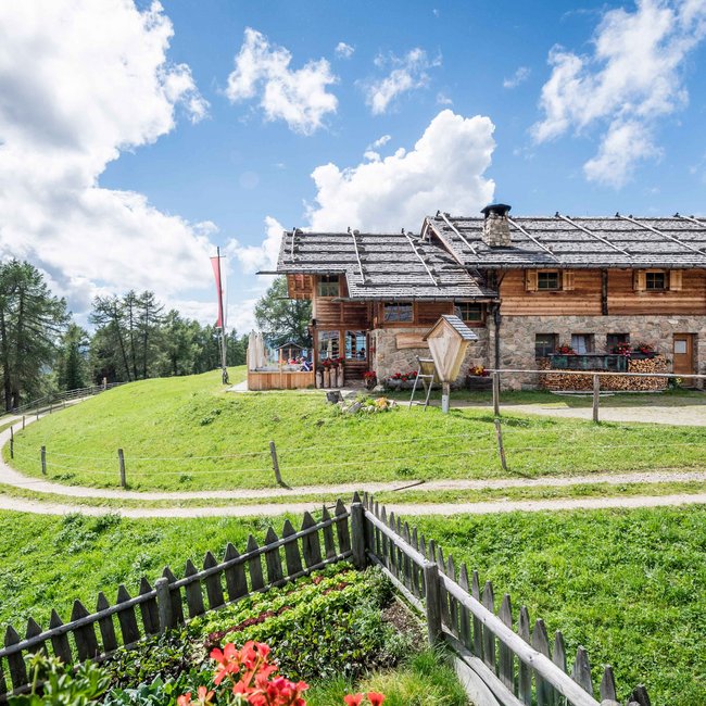 Kreuzwiesenalm A mountain hut made of wood and stone stands on a green meadow. In the foreground, a small garden with a wooden fence and flowers can be seen.