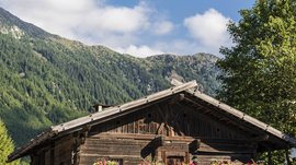 Vals: das Almendorf Das Bild zeigt eine rustikale Holzhütte mit Blumenkästen, die mit bunten Blumen gefüllt sind. Im Hintergrund ragen bewaldete Berge unter einem leicht bewölkten, blauen Himmel empor.
