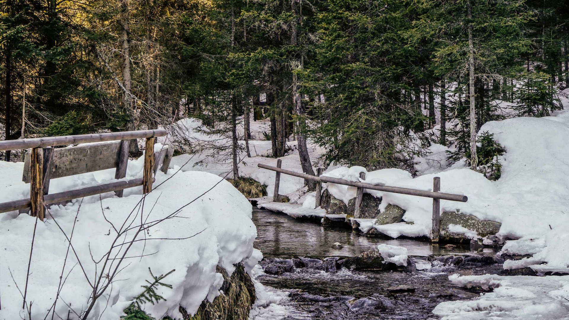 Het Altfassdal bij Meransen De afbeelding toont een besneeuwd bos met een klein beekje dat wordt overgestoken door een houten brug. De bomen zijn dicht en groen, en de grond is bedekt met sneeuw, terwijl het water van het beekje rustig stroomt. Het landschap oogt rustig en afgezonderd.