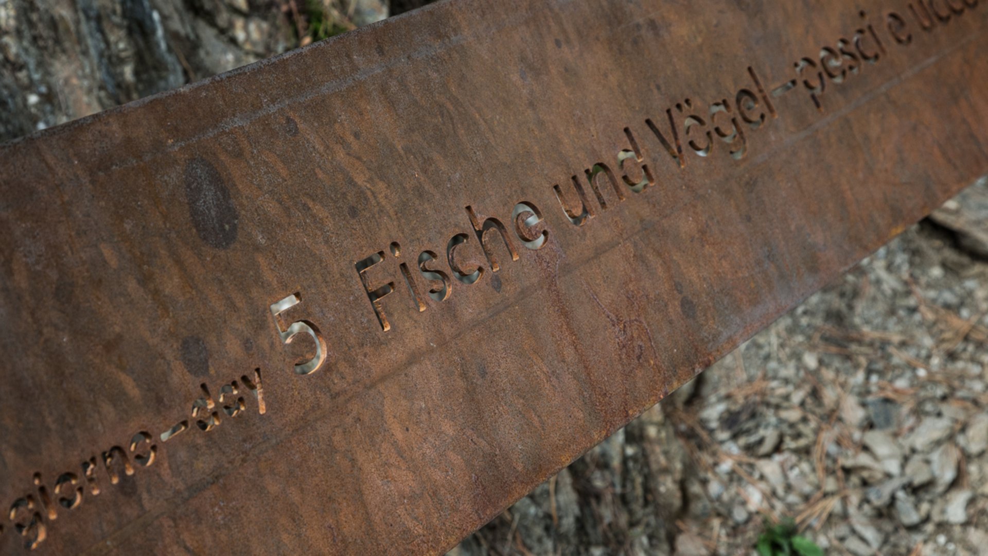 The Creation trail in Rodeneck The picture shows a rusty metal plate with the inscription "Day 5 Fish and Birds" engraved on it. The background consists of natural elements such as soil, stones, and tree bark.
