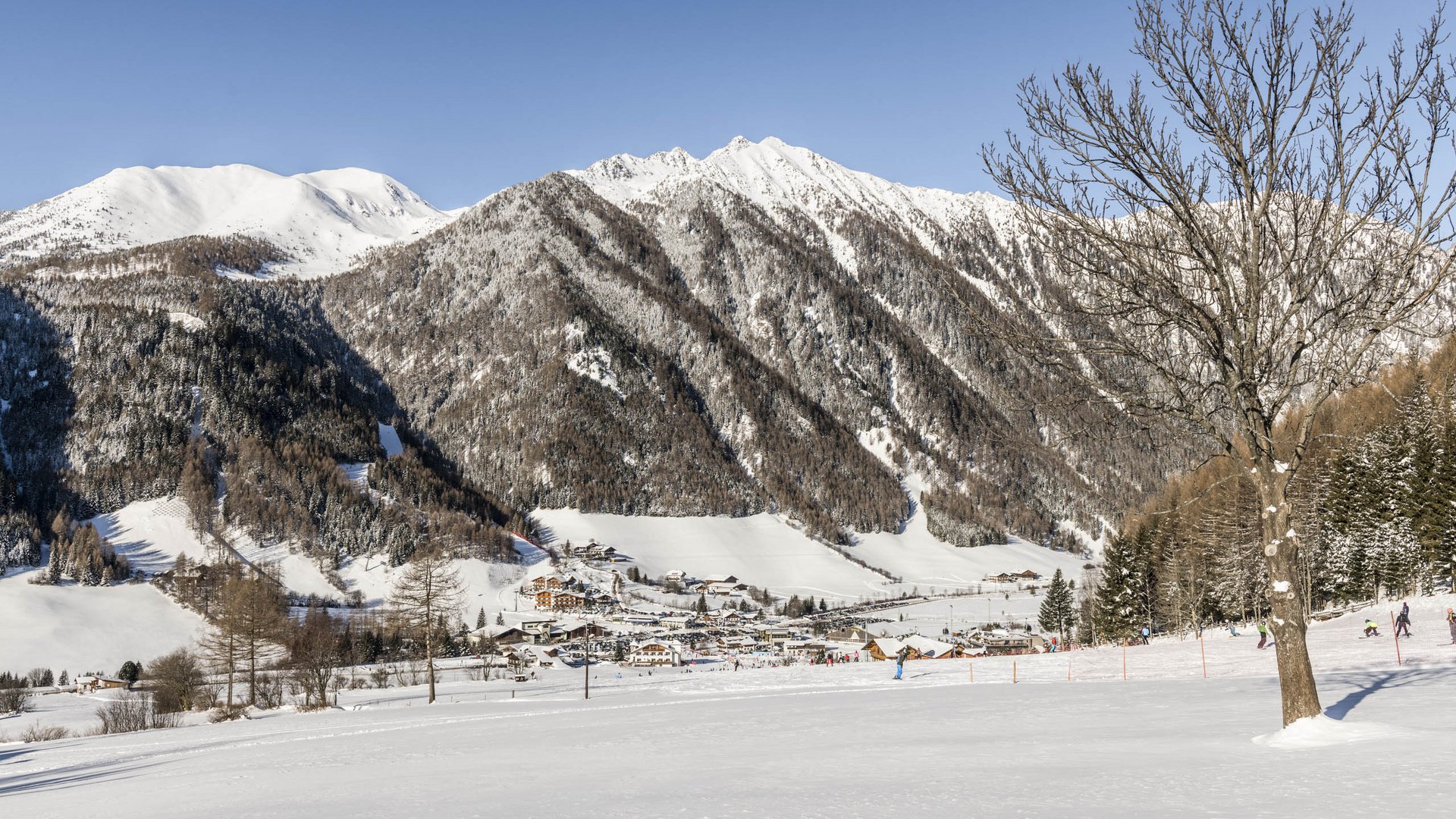 Vals: das Almendorf Das Bild zeigt eine winterliche Berglandschaft mit schneebedeckten Gipfeln im Hintergrund und einem kleinen Dorf im Tal. Im Vordergrund ist ein kahler Baum zu sehen, während Menschen im Schnee spazieren oder Ski fahren.