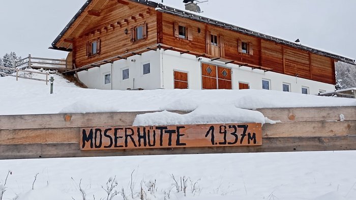 Gitschberg Jochtal holiday area – mountain huts and shelters Snow-covered Moserhütte mountain hut at 1937 meters elevation