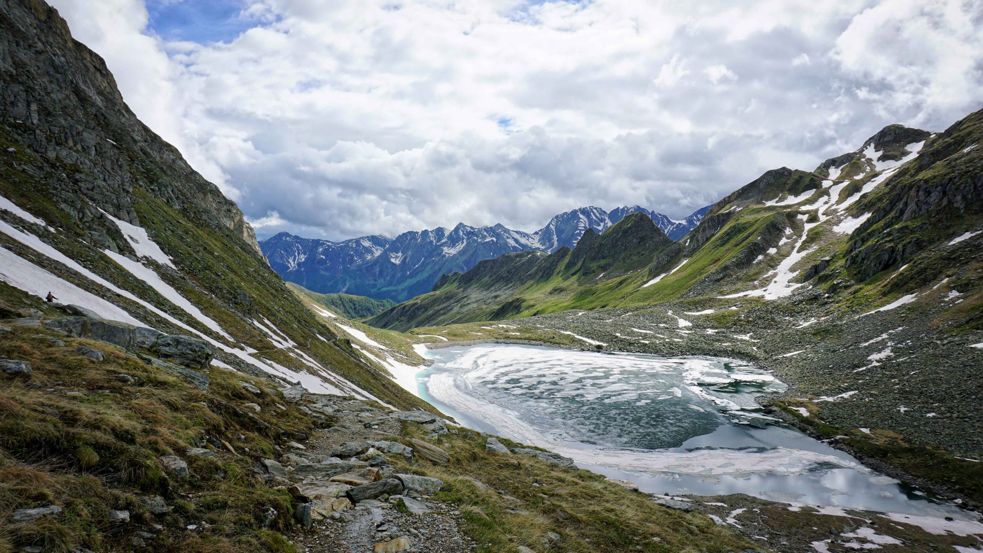 The Pfunders High Mountain trail The picture shows a mountain landscape with snow-covered peaks in the background. A partially frozen lake lies in a valley, surrounded by rocky paths and grass-covered slopes.